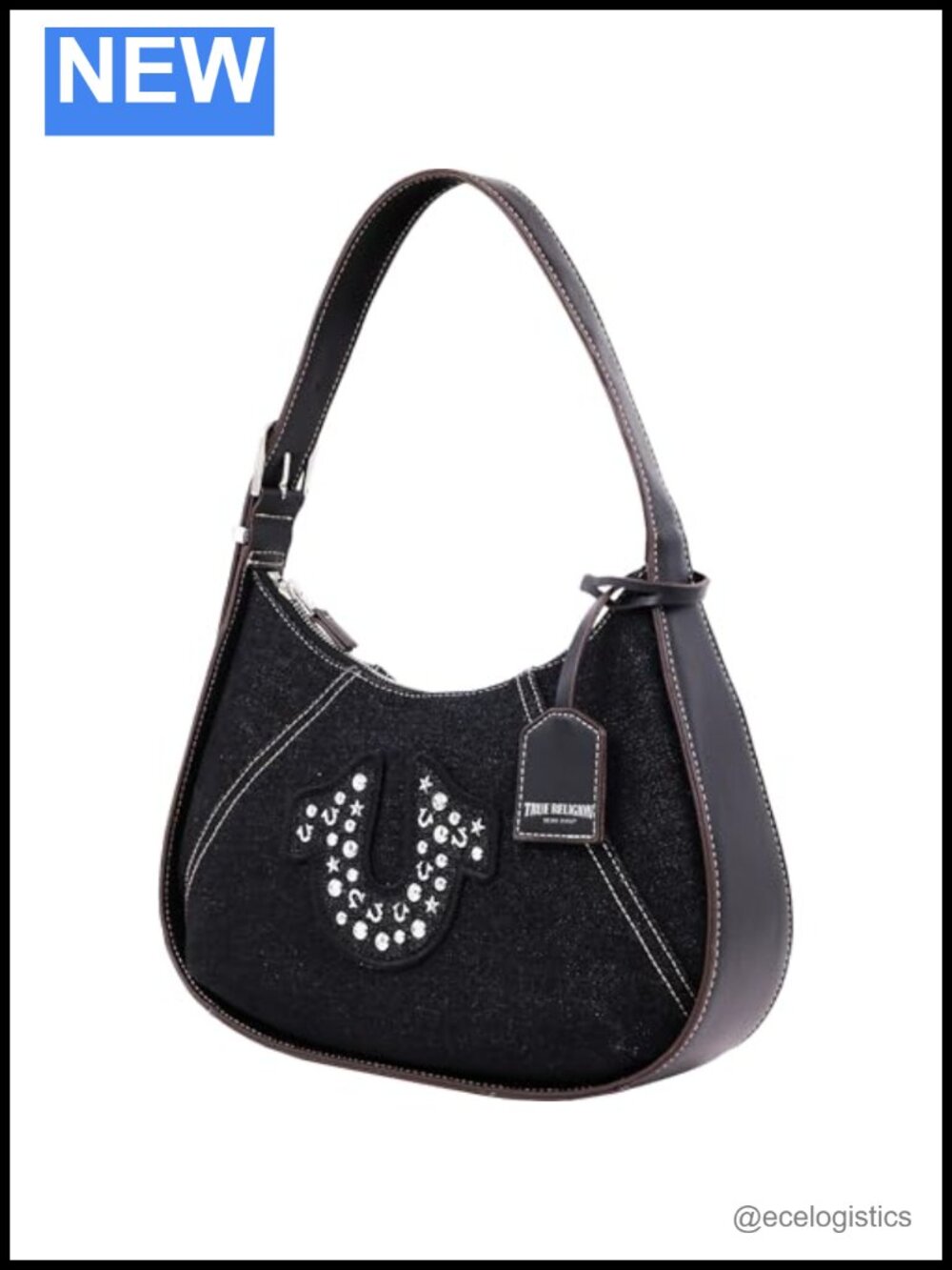 Hobo Bag Denim Studded Logo Silver Hardware Zip Top Adjustable Strap